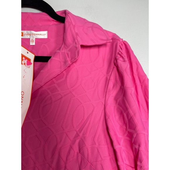 Jude Connally Tierney Shift Dress Small Pink Geometric Jacquard Ruffle Preppy - Picture 3 of 8